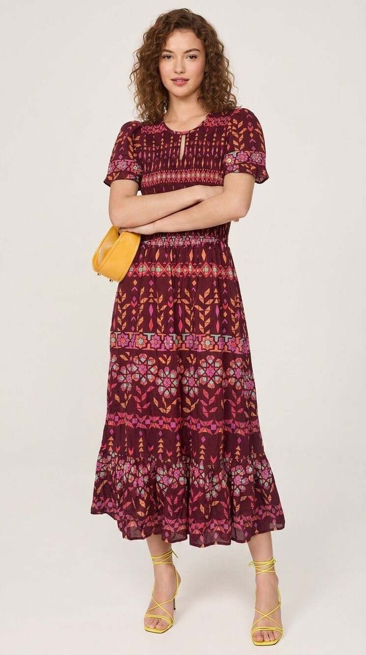 Banjanan Printed Smocked Short Sleeve Midi Dress Burgundy Size Small